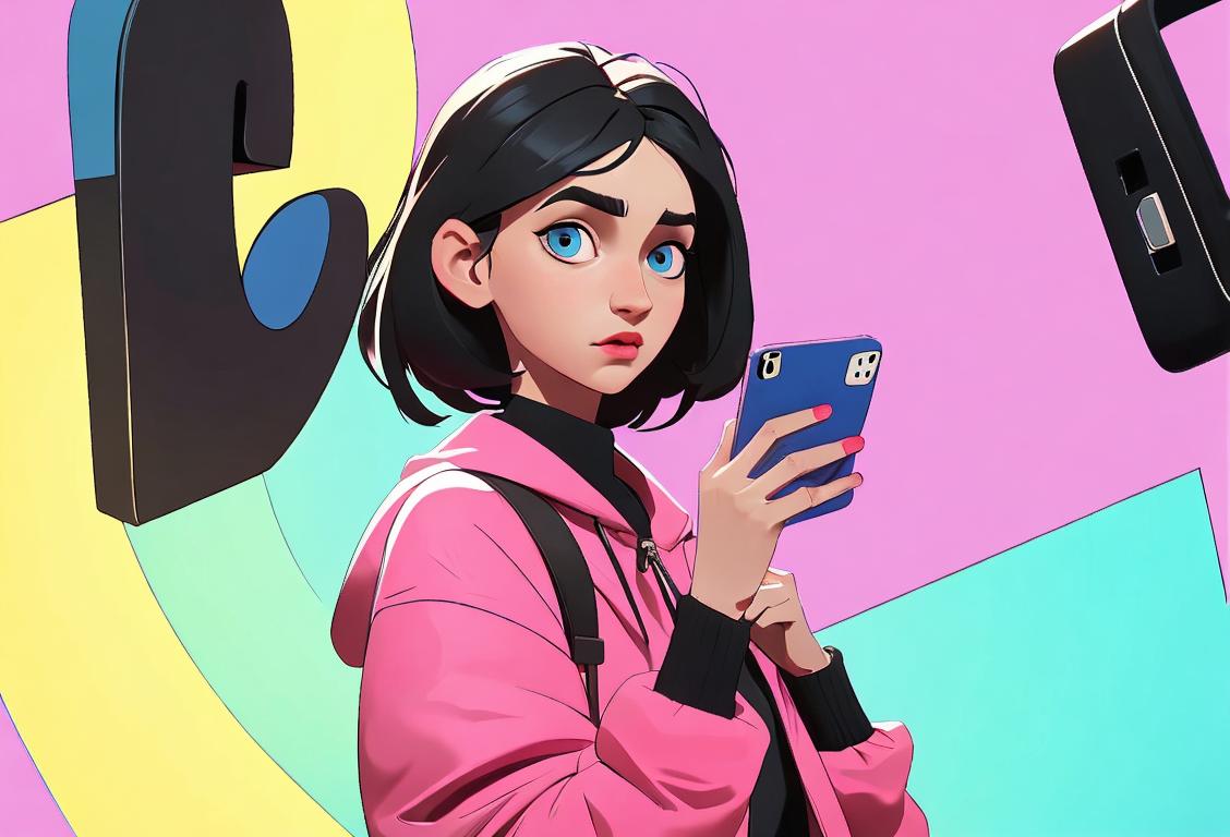 Young adult with a smartphone, wearing trendy clothes, in a virtual chat room with colorful backgrounds..