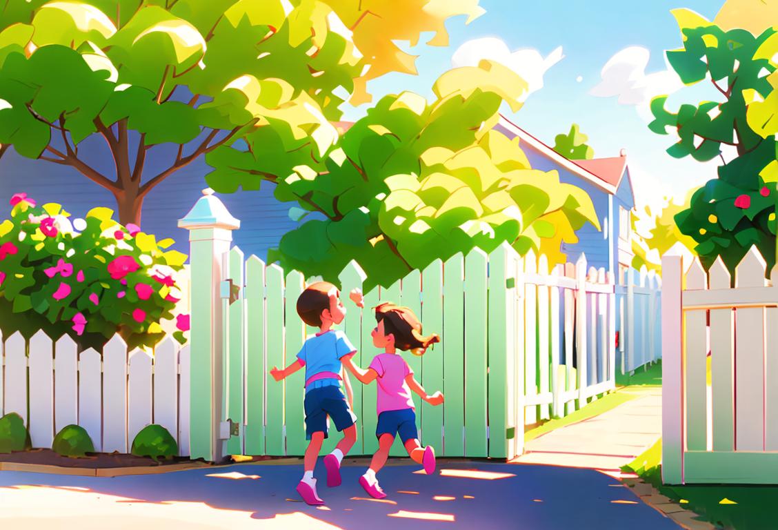 Children playing near a white picket fence in a sunny suburban neighborhood, wearing colorful summer clothes, happy and carefree atmosphere..
