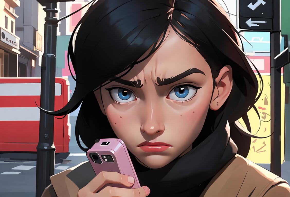 Young person holding a phone with a sad expression, wearing modern attire, urban street setting..