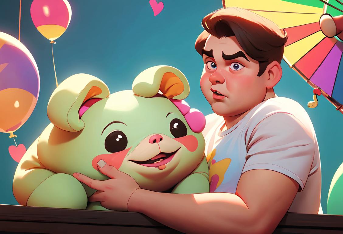 Young man holding a dumpy plush toy, wearing a funny t-shirt, surrounded by comedic props and a colorful circus setting..