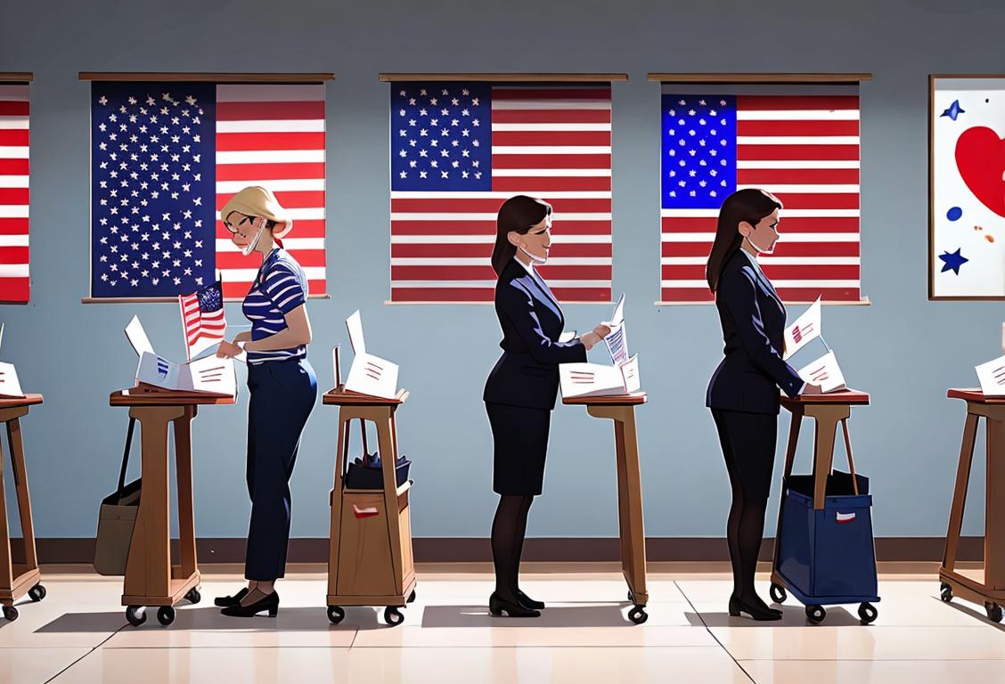 A group of diverse poll workers happily assisting voters, wearing professional attire, in a bustling polling station filled with American flags..