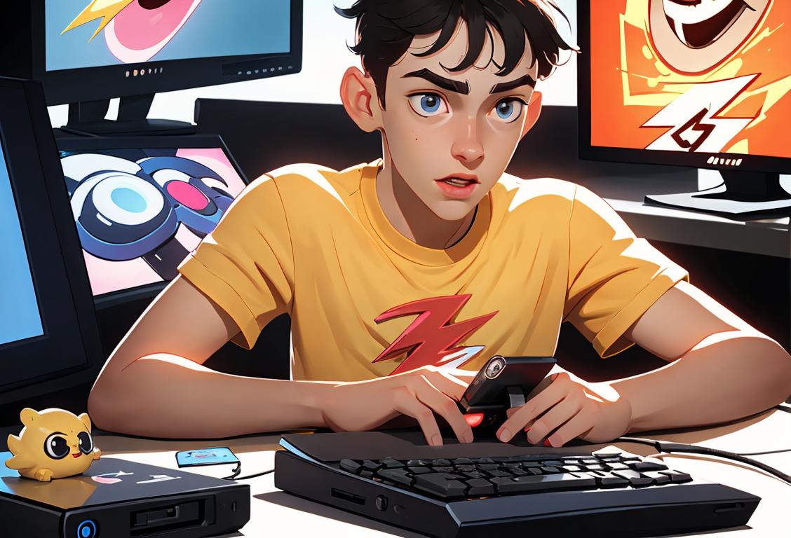 Young person holding a flash drive, wearing a tech-themed t-shirt, surrounded by computer peripherals and gadgets..