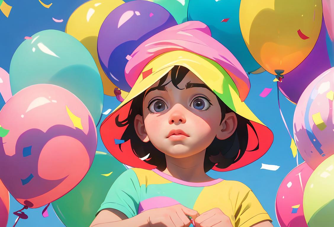 Child holding three colorful balloons, wearing a party hat, surrounded by confetti and streamers..