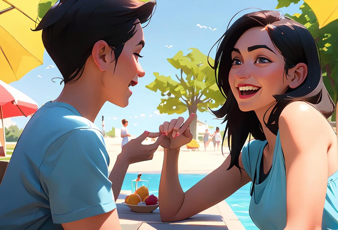 Young adults enjoying a sunny day outdoors, dressed in casual summer attire and engaging in friendly conversation and laughter..