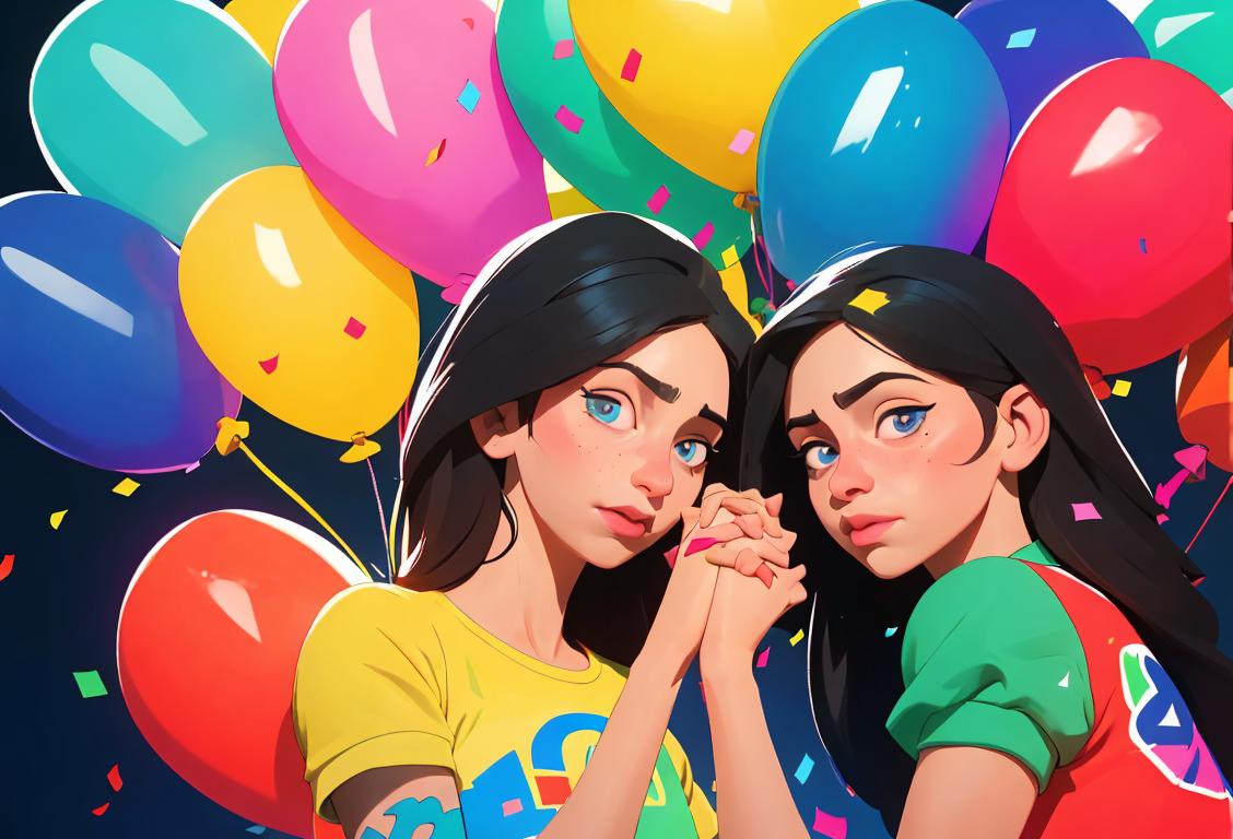 Two people holding hands with Juan's name written on their palms, surrounded by vibrant colors, balloons and confetti..