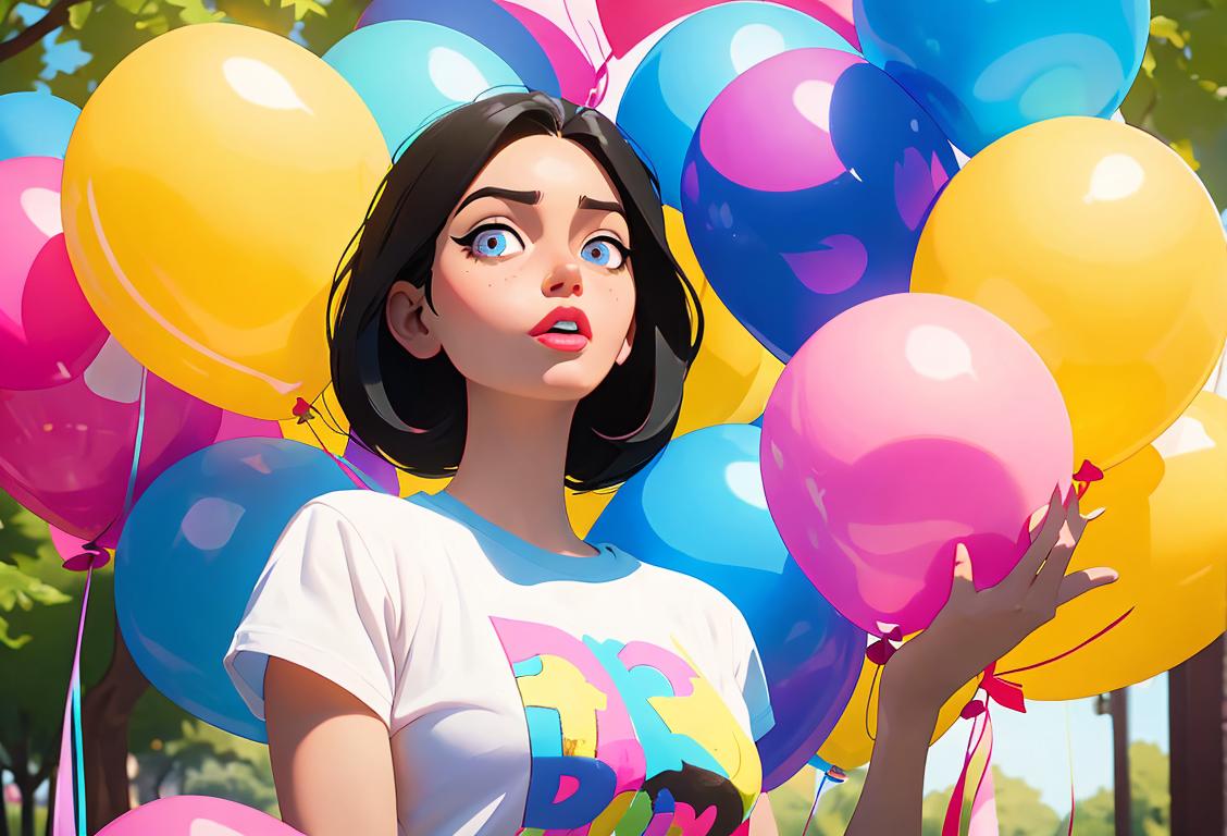 A group of diverse people named Ashley holding balloons and wearing t-shirts with 'Ashley' written on them, celebrating in a park amidst colorful decorations..
