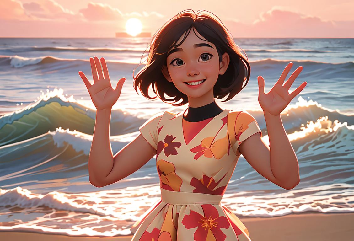 Young girl waving with a big smile, wearing a floral dress, beach sunset scene.