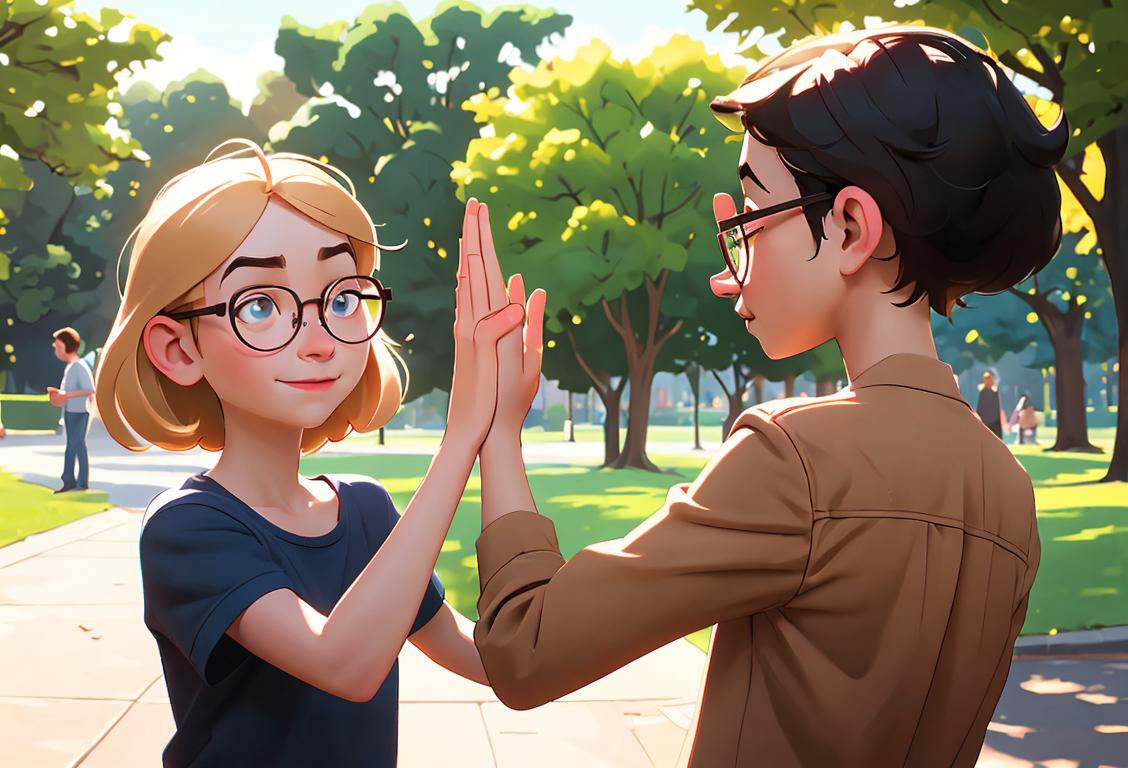 Young person giving a friendly high-five to someone with glasses, in a casual outfit, outside in a peaceful park..