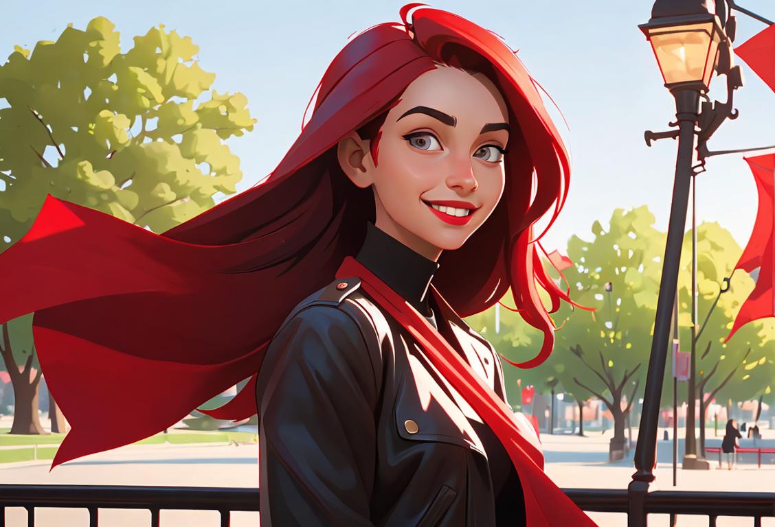 Young woman holding a red flag with a smile, wearing a trendy outfit, urban park setting..