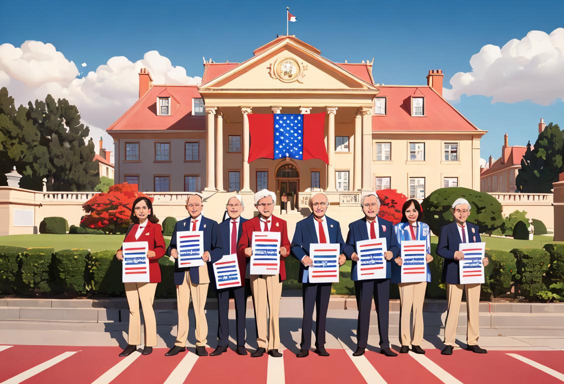 A diverse group of people wearing patriotic colors, holding ballot papers, standing in front of a picturesque government building..