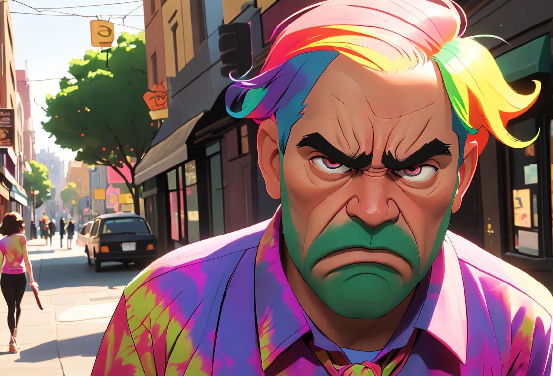 A grumpy-looking person in need of a favor, wearing a colorful tie-dye shirt, retro 70s fashion, city street scene..