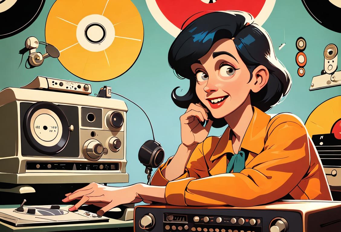 Happy person adjusting an old-fashioned radio dial, wearing a vintage outfit, surrounded by retro decor and vinyl records..