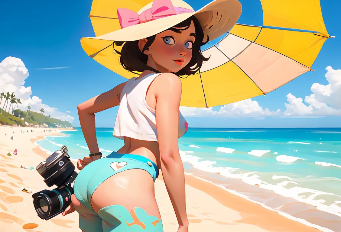 Playful young woman wearing an oversized sunhat, vibrant beach scene, holding a camera with a cute sticker that says 'Snap a Booty Pic!'.