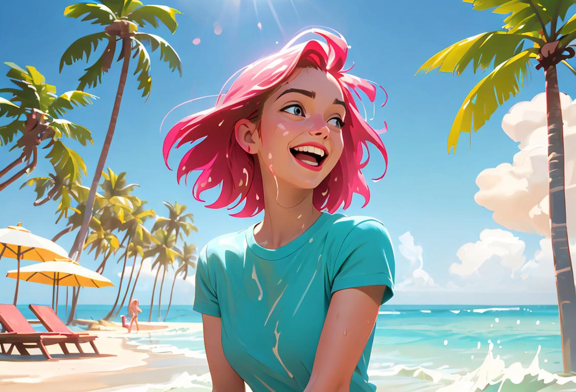Young woman laughing joyfully, soaking wet from water splash, wearing bright colored t-shirt, beach scene with palm trees in the background..