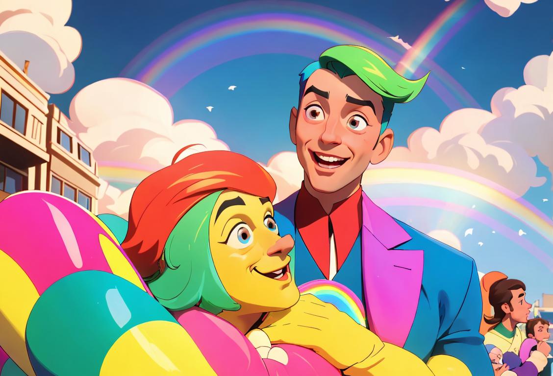 A joyful, fashionable Guncle surrounded by vibrant rainbows, wearing a stylish outfit, in a bustling city scene..