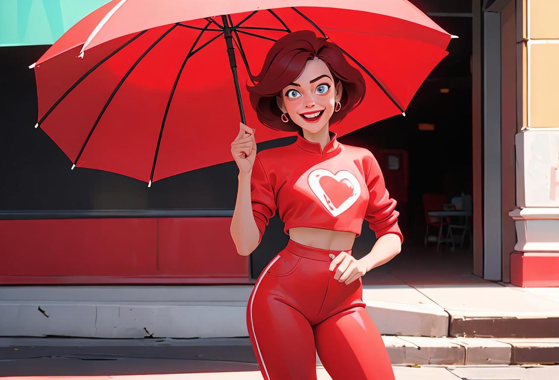 Cheerful person wearing a trendy red outfit, standing in a vibrant urban setting, expressing joy and enthusiasm for National Wear Red Day..