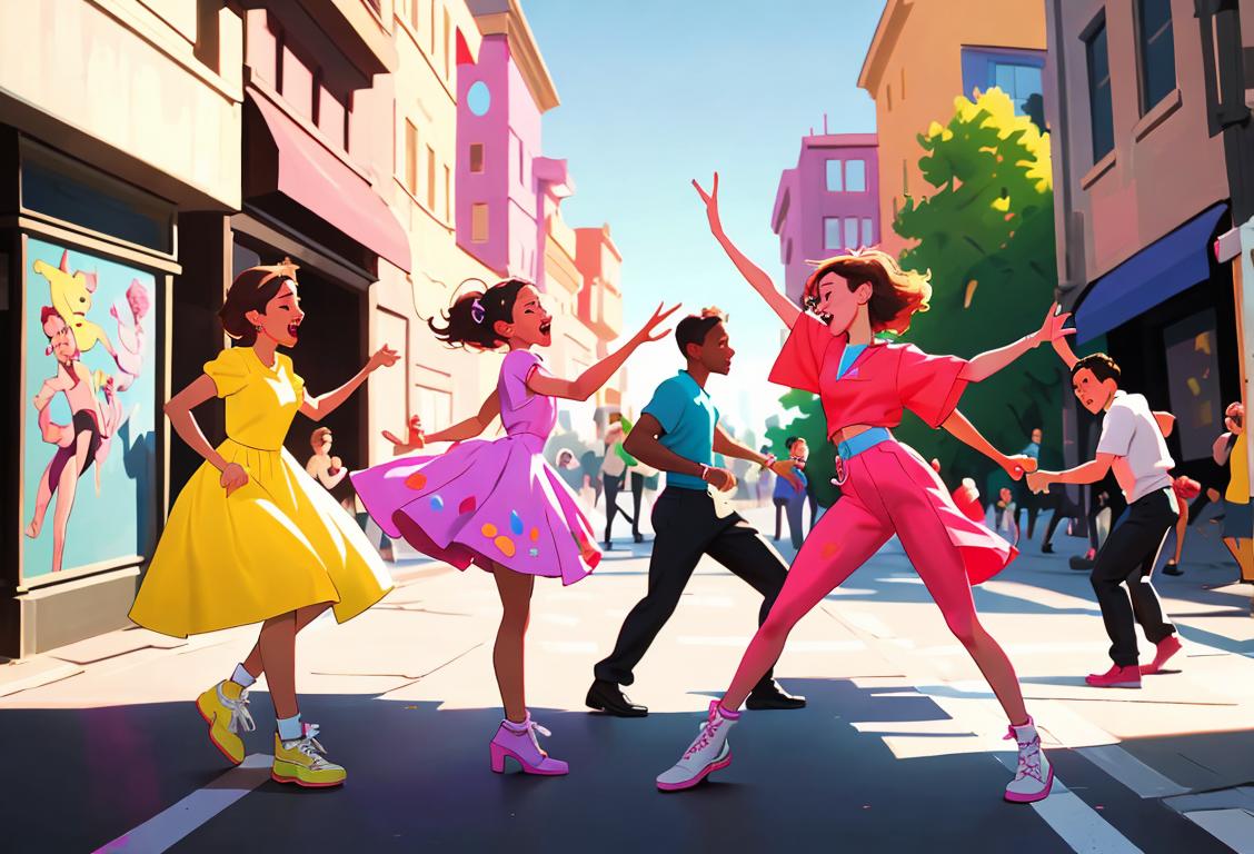Young people dancing to a boogie music outdoors, wearing colorful outfits, urban street setting..