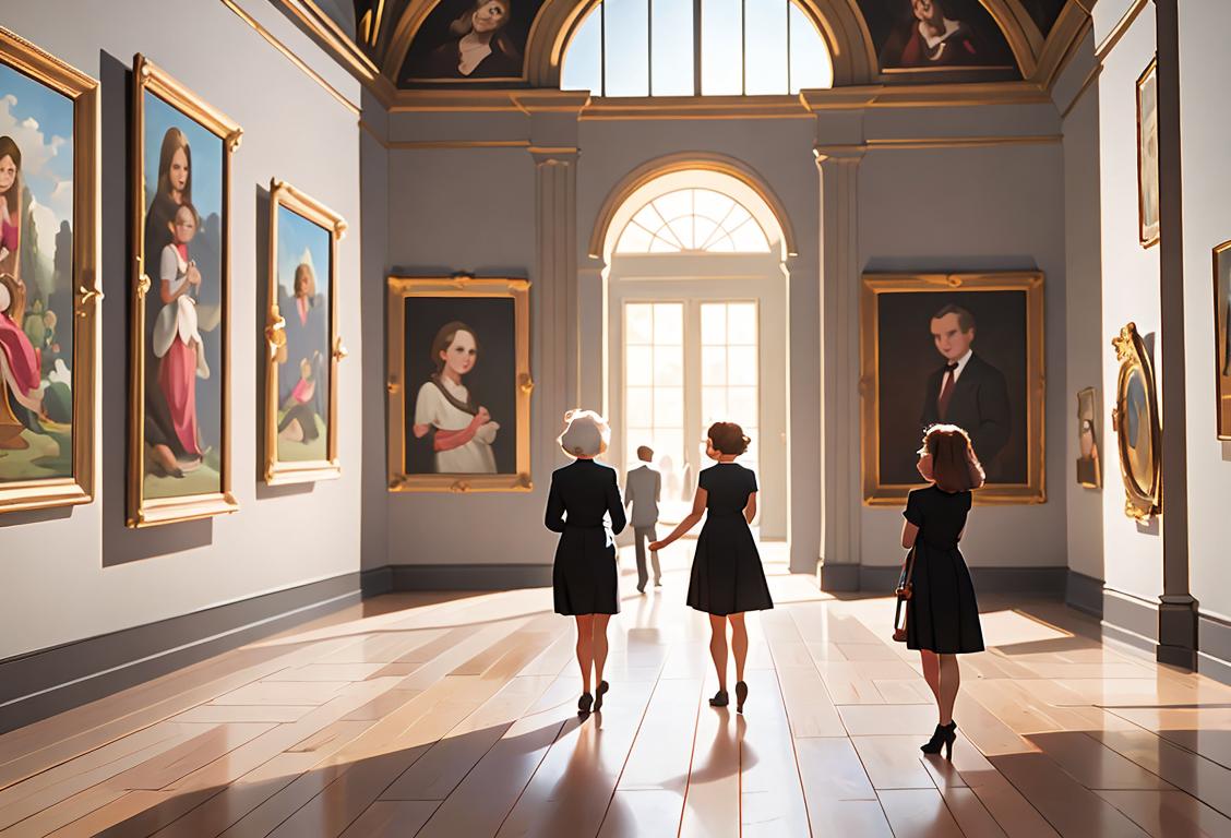 Group of people of all ages, exploring a grand museum, with classical music playing in the background, wearing a mix of casual and sophisticated attire..