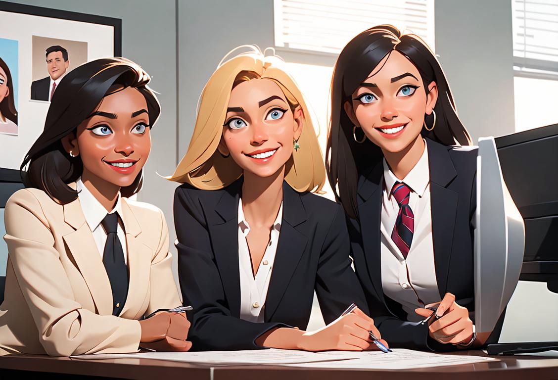 A diverse group of individuals, dressed professionally, smiling and offering support, in an office setting..