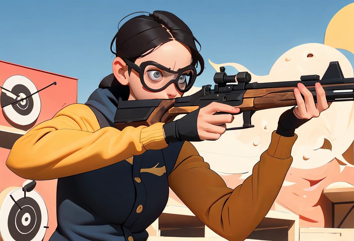 Young adult wearing safety goggles, holding a foot-shaped target in a sunny outdoor shooting range..