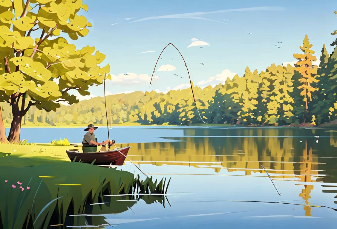 A serene lake surrounded by lush nature, with a person in fishing gear casting their line under a clear blue sky..