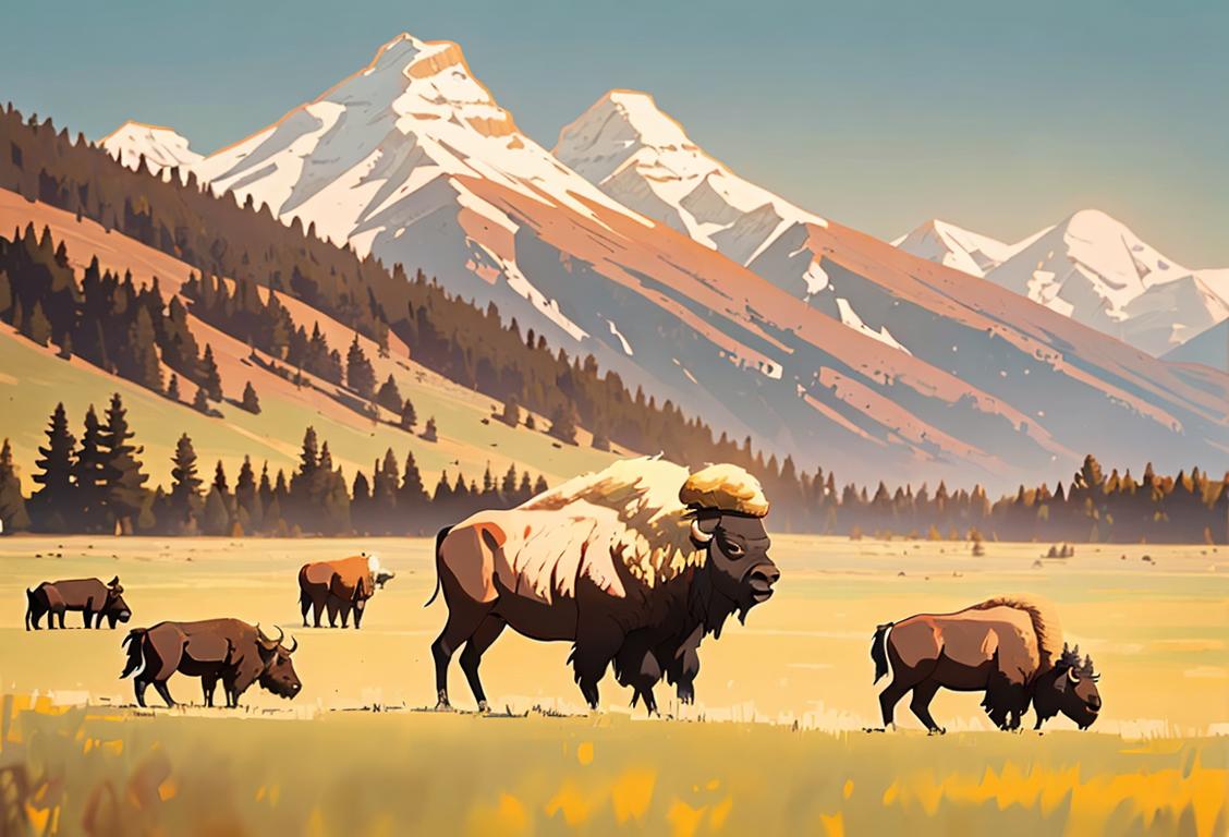 Majestic bison grazing in a sunlit prairie, with a cowboy hat, western fashion, and a beautiful mountain backdrop..