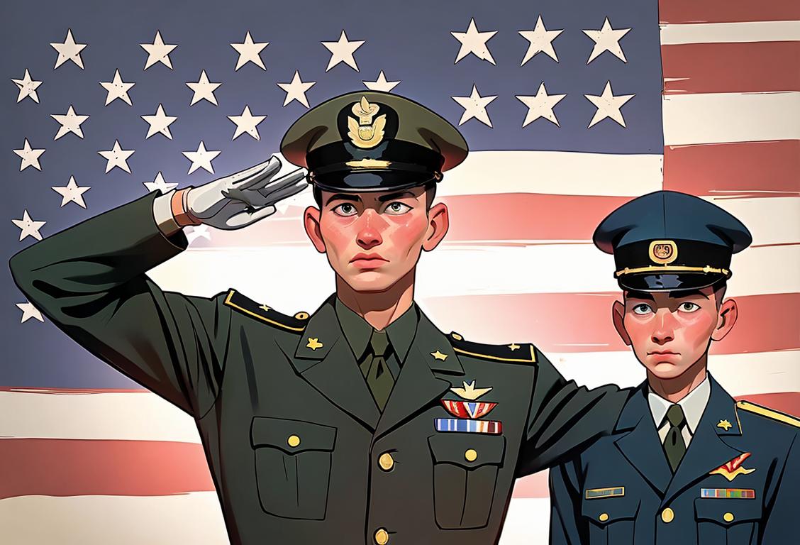 Young man in military uniform, saluting proudly, American flag in background, 1960s style, patriotic setting..