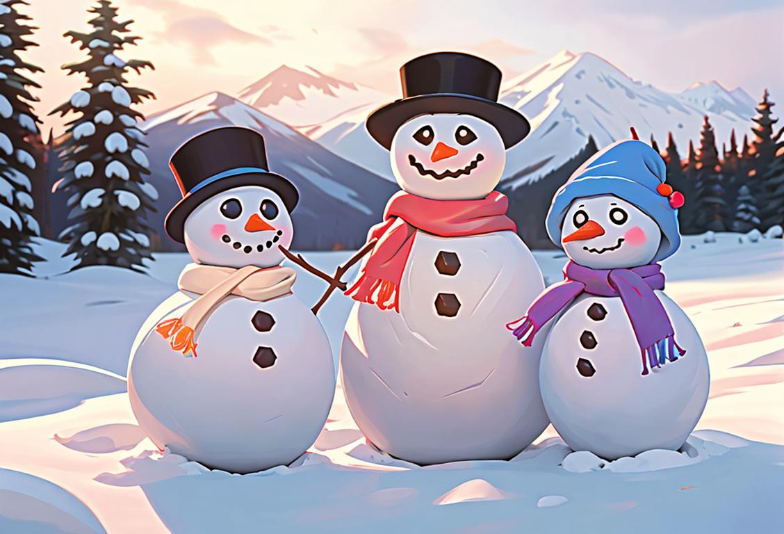 A family of snowmen, wearing colorful scarves and hats, with a snowy landscape in the background, surrounded by playful children building snowmen..