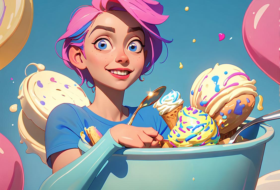 Happy person wearing a Blue Bell t-shirt, holding a spoon, surrounded by tubs of ice cream and colorful sprinkles..