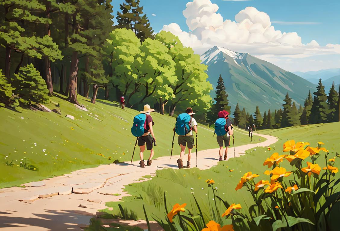 A group of hikers with backpacks, surrounded by beautiful nature scenery, celebrating National natural knocker Day!.