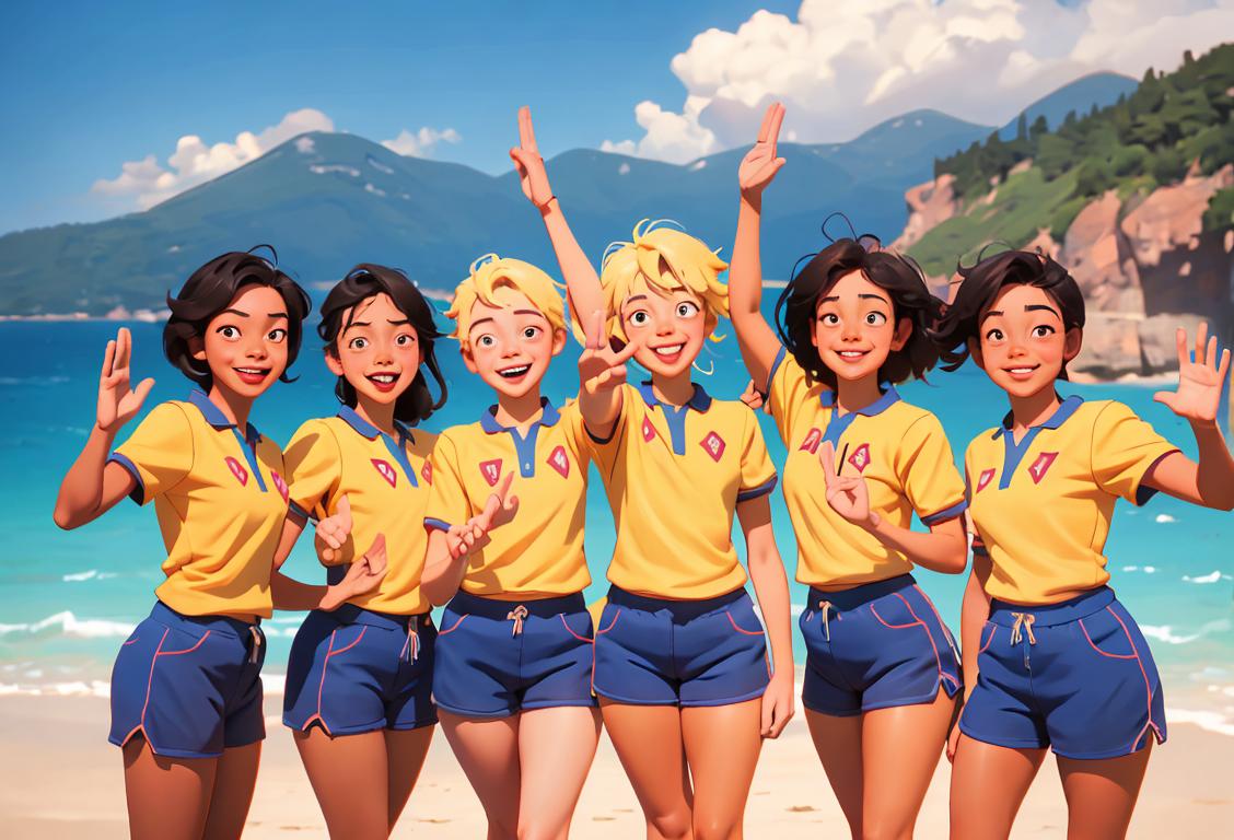 A group of diverse people with bright smiles wearing shorts, high-fiving each other against a scenic backdrop..