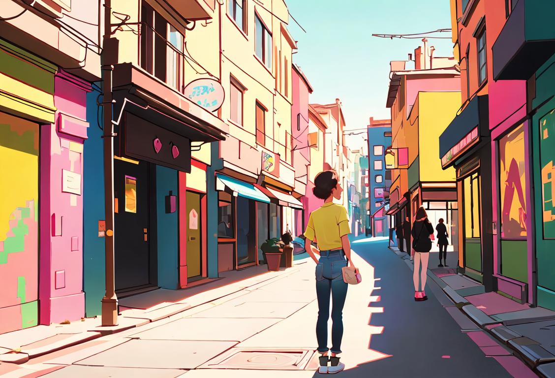 Young person admiring a picturesque view, wearing fashionable bottoms, trendy urban setting with colorful scenery..