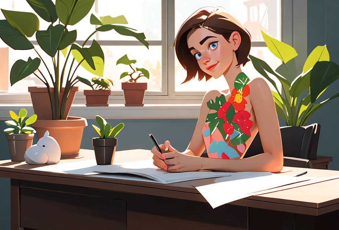 Happy office worker sitting at a desk in their birthday suit, surrounded by potted plants and natural light. Find inspiration in nature while embracing the freedom of working naked!.
