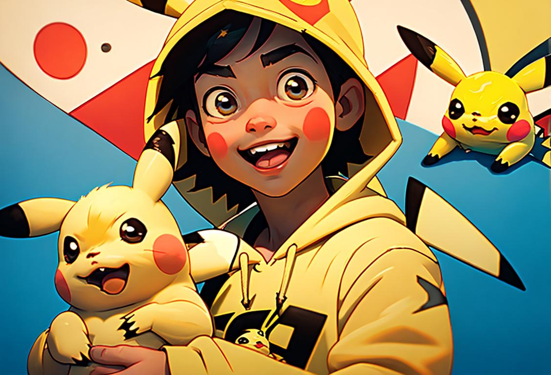 Happy National Pikachu Day! A joyful kid wearing a yellow Pikachu hoodie, surrounded by Pikachu plushies and a Pokemon-themed birthday party..