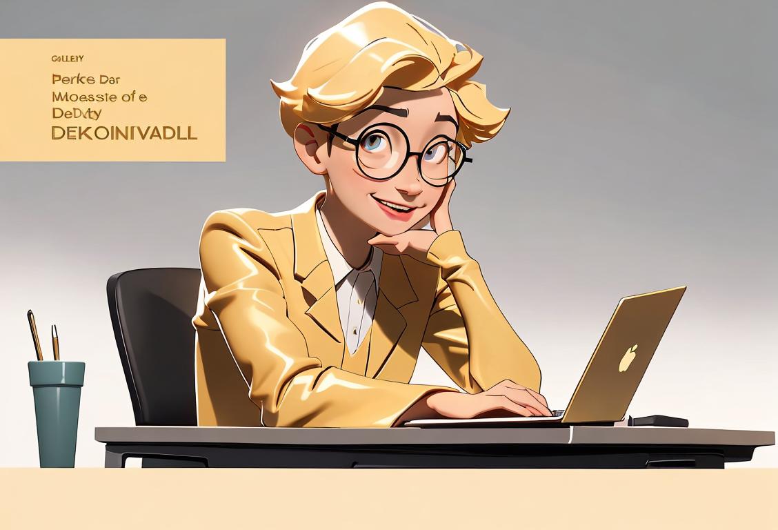 A cheerful and motivated person sitting at a desk, using a laptop to participate in a webinar. Their outfit is modern and they are surrounded by books and a motivational quote poster..