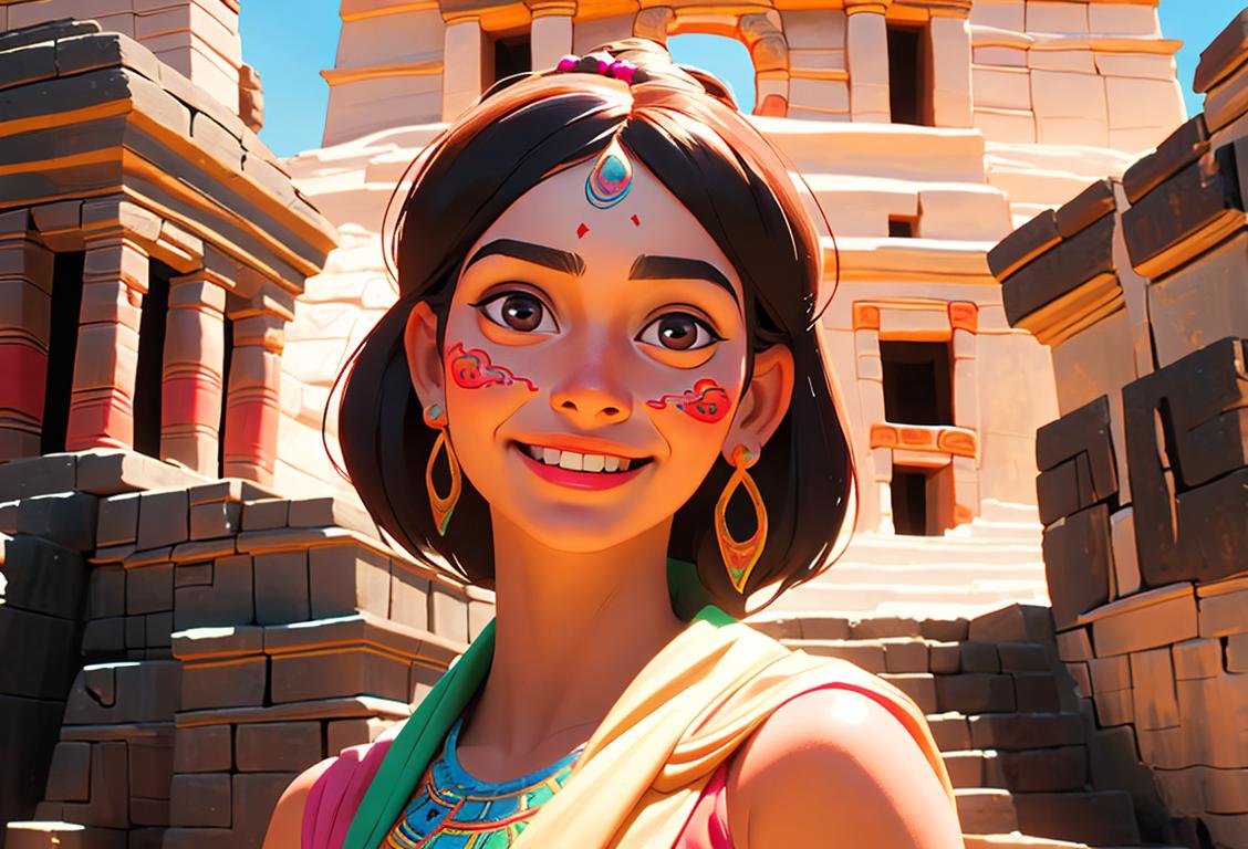 Smiling young woman in traditional Mayan clothing, surrounded by ancient Mayan ruins, embracing the vibrant colors of Mayan culture..