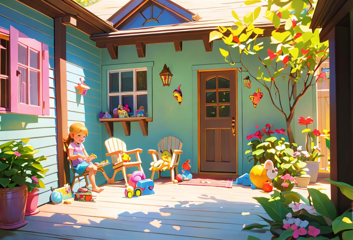 Happy children playing on a whimsically decorated porch, wearing colorful summer clothes, surrounded by toys and games..