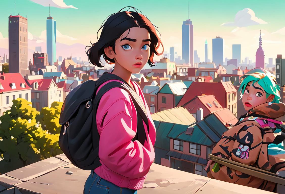 Young people, wearing vibrant and diverse clothing, posing with backpacks, against a backdrop of a bustling cityscape.