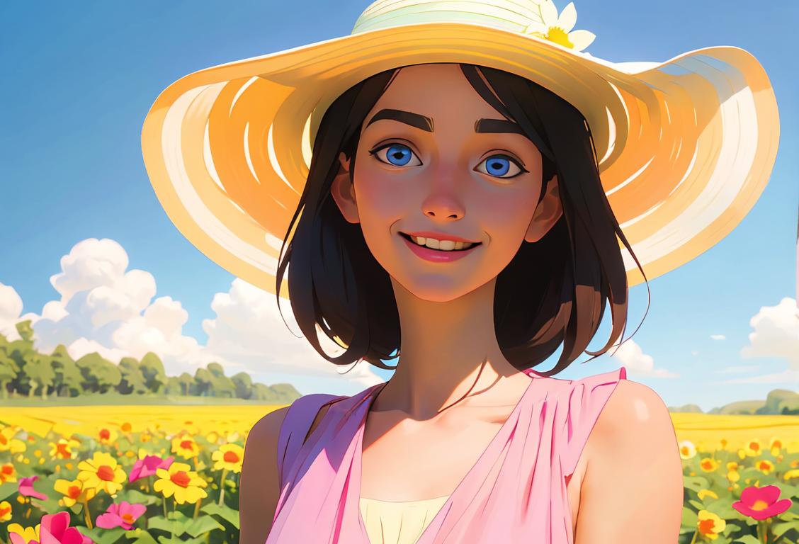 Happy person paskinti-ing in a colorful field, wearing a sunhat and flowy summer dress, surrounded by blooming flowers and blue skies..
