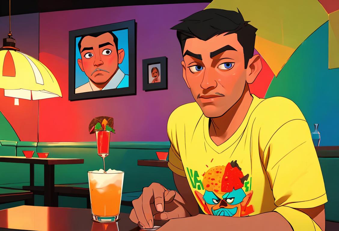 Young man enjoying a bf taco and vodka, dressed in casual attire, vibrant Mexican restaurant setting with colorful decor..