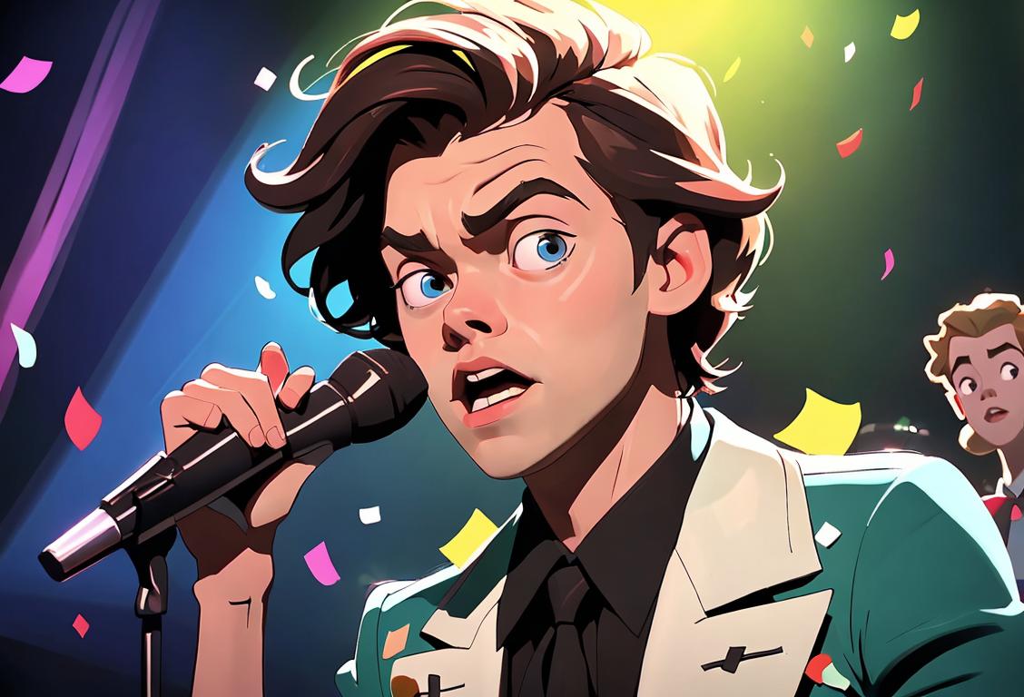 Charming Harry Styles surrounded by fans in trendy outfits, singing on stage, with colorful lights and confetti..
