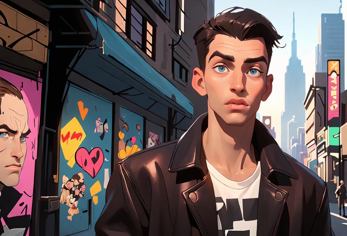 Young man named Allen, wearing a trendy leather jacket, urban street scene with skyscrapers and graffiti art in the background..