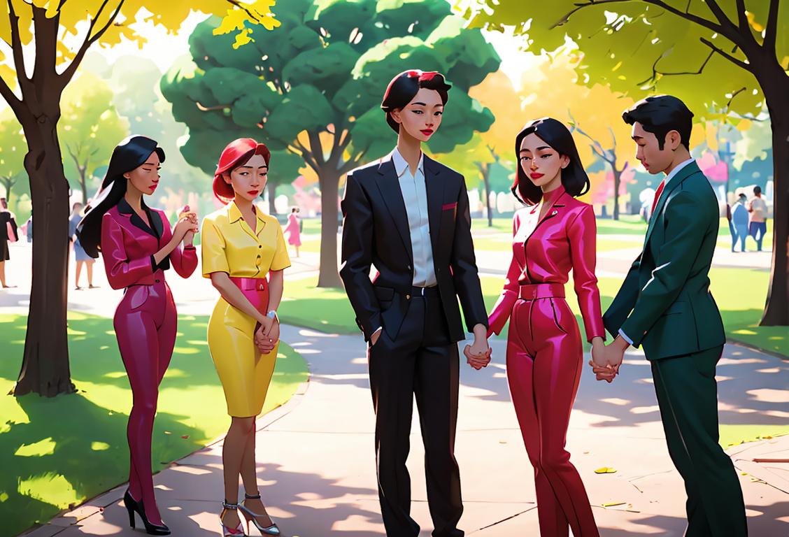 A diverse group of people holding hands in solidarity, wearing brightly colored clothes, in a peaceful park setting..