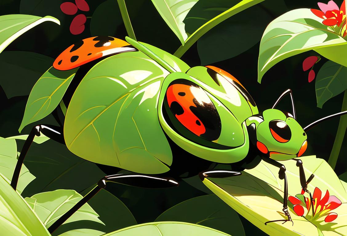Close-up of a ladybug crawling on a vibrant green leaf, surrounded by a beautiful garden with colorful flowers..
