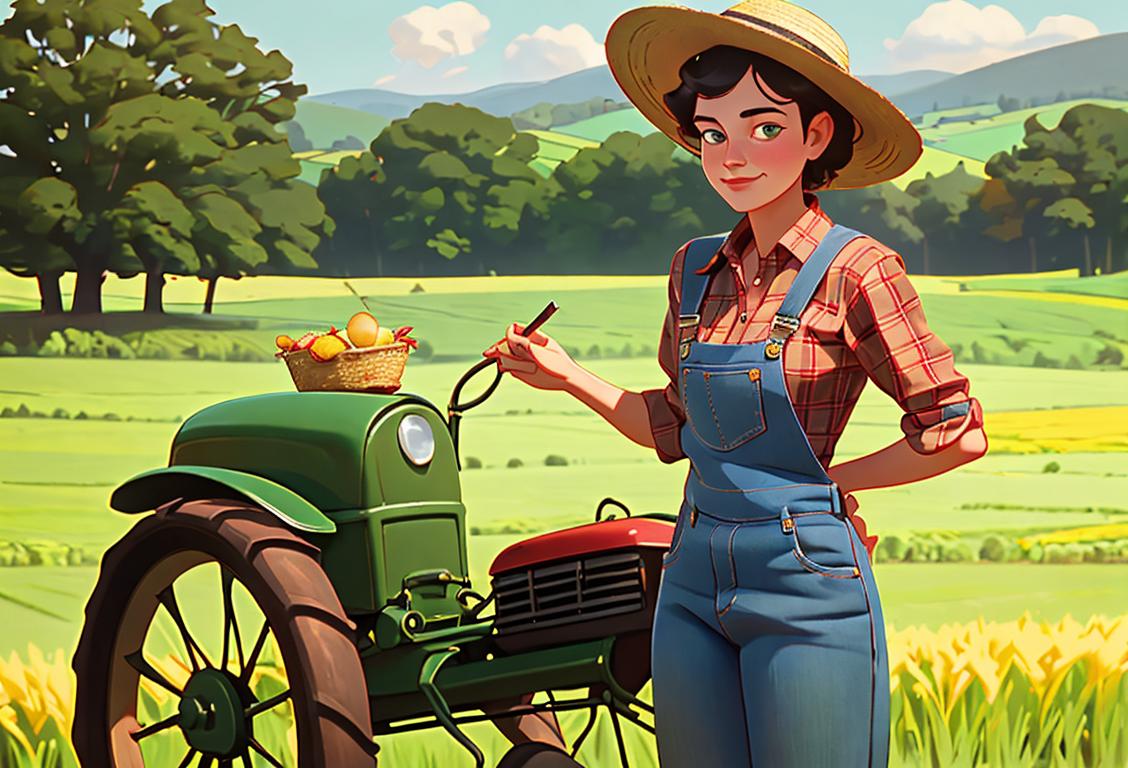 A wholesome image of a farmer wearing denim overalls, plaid shirt, and a straw hat, standing in a lush green field with a vintage red tractor in the background..
