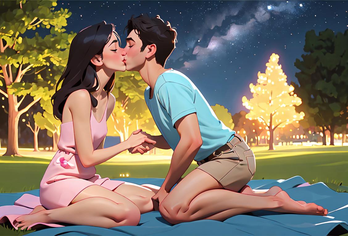 A couple sharing a sweet kiss under a starry night sky, wearing casual summer outfits, sitting on a blanket in a peaceful park..