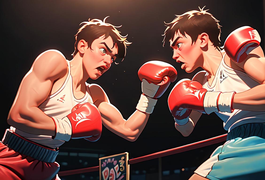 Two individuals playfully sparring with oversized boxing gloves in a colorful, carnival-like atmosphere, showcasing the festive spirit of National Fighting Day..