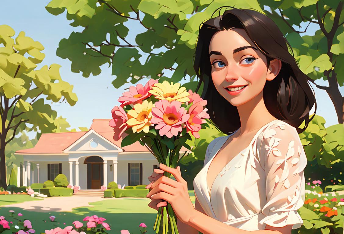Young woman holding a bouquet of flowers with a wholesome smile, wearing a flowy sundress, in a peaceful garden setting..