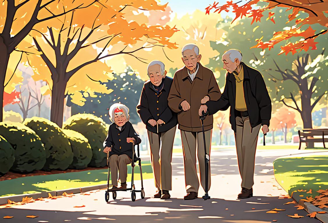 Elderly person using a walker, wearing fall prevention wristbands, sunny park setting, surrounded by supportive family members..