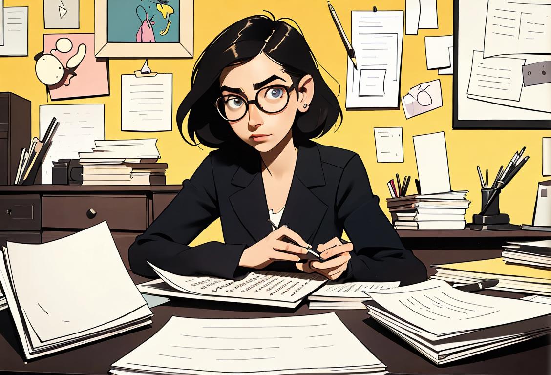 Young female editor, wearing glasses and a pencil behind the ear, sitting at a cluttered desk, surrounded by stacks of papers and a typewriter..